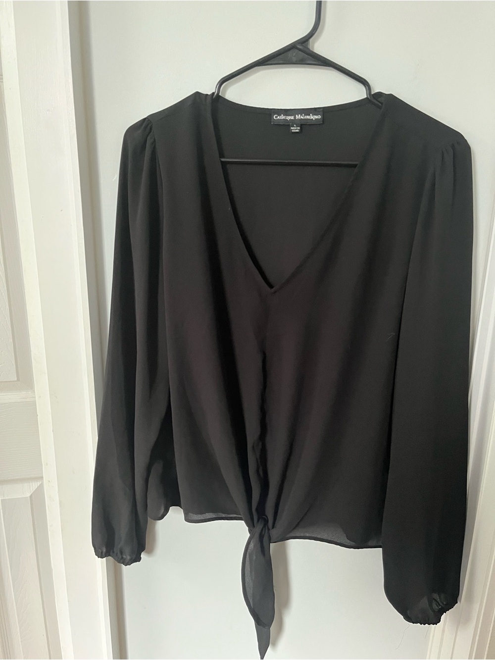 Catherine Malandrino Black Tie-Front V-Neck Sheer Blouse size large